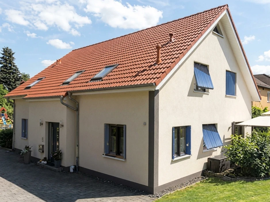 Maison individuelle européenne à deux niveaux, enduit beige, toiture en tuiles canal terre cuite rouge brique
