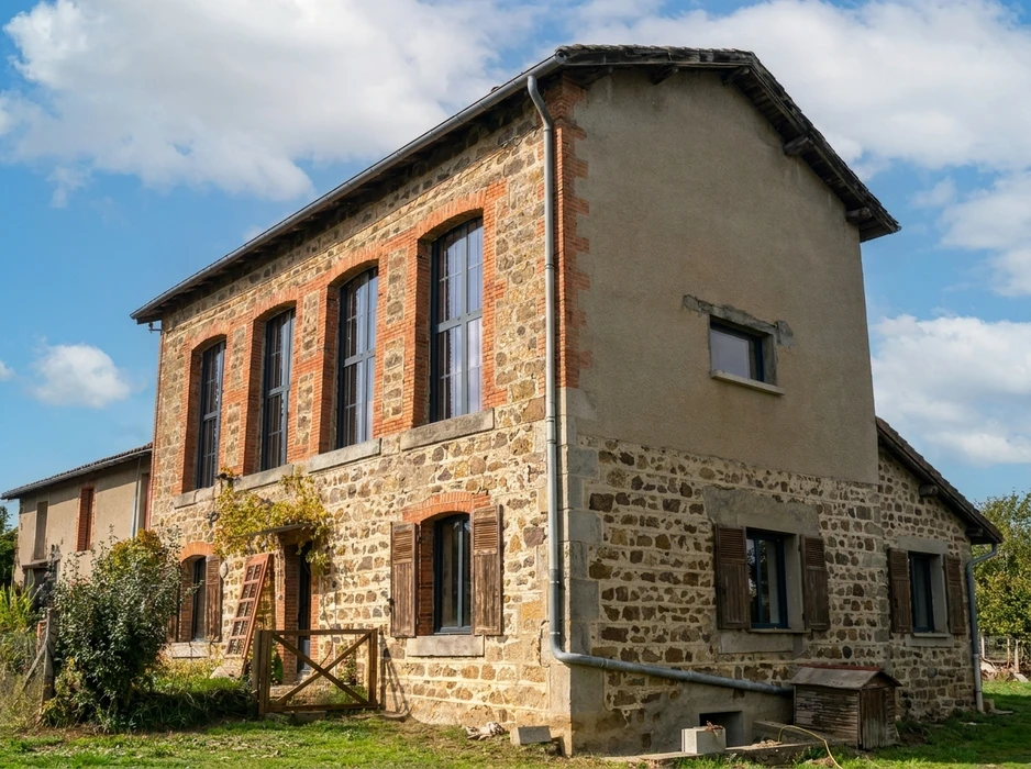 Bâtiment rural en pierre de taille et brique rouge, deux niveaux, toiture en tuiles plates
