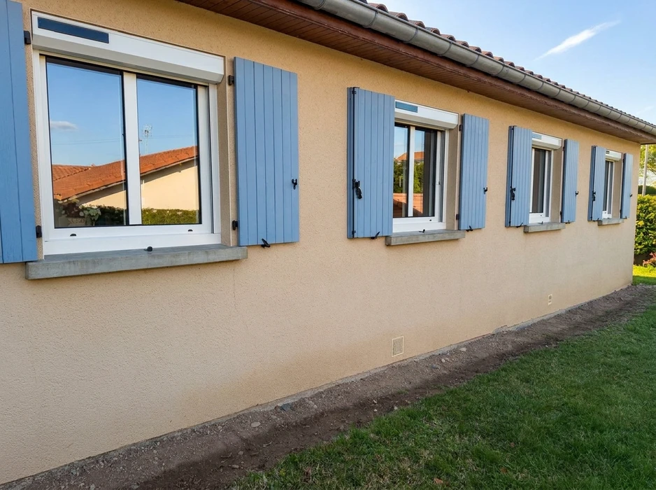 Façade extérieure d'habitation moderne avec mur en pierre naturelle multicolore