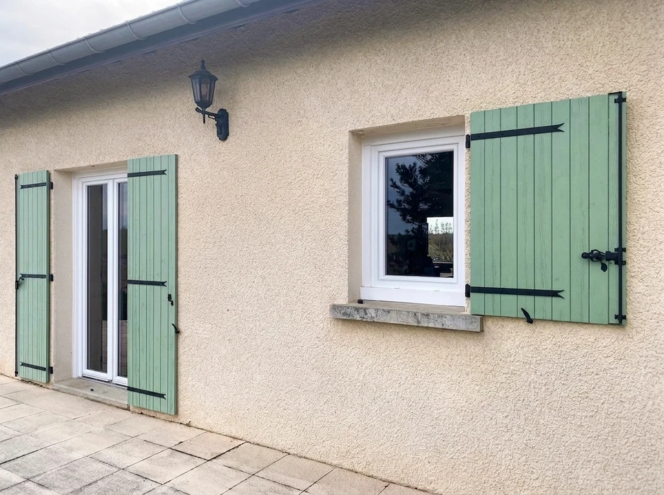 Façade extérieure d'un bâtiment résidentiel en enduit gratté beige, vue en légère contre-plongée