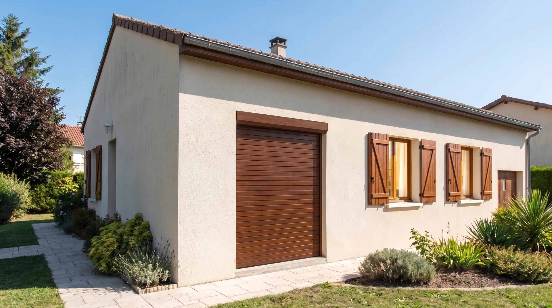 Entrée moderne d'une maison individuelle, numéro 16, bardage bois horizontal en cèdre rouge, porte d'entrée aluminium avec vitrage feuilleté sérigraphié motif feuillage, auvent courbe zinc-titane, allée en dalles béton sur gravillon noir, végétation méditerranéenne, boîte aux lettres encastrée, décoration cœur bois