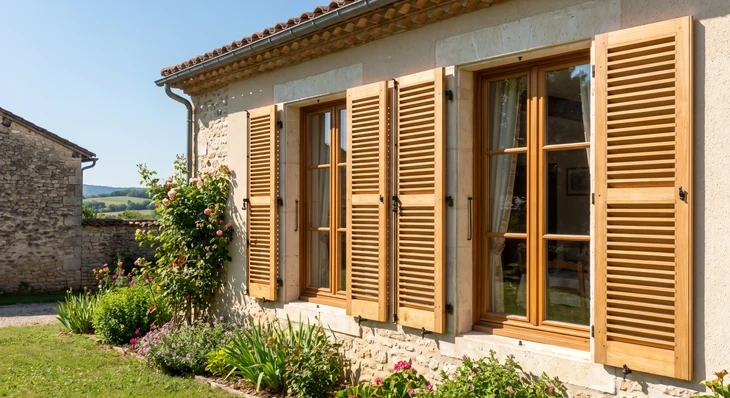 Fenêtre française à double vantaux en bois de teinte dorée, avec petits-bois apparents formant six carreaux
