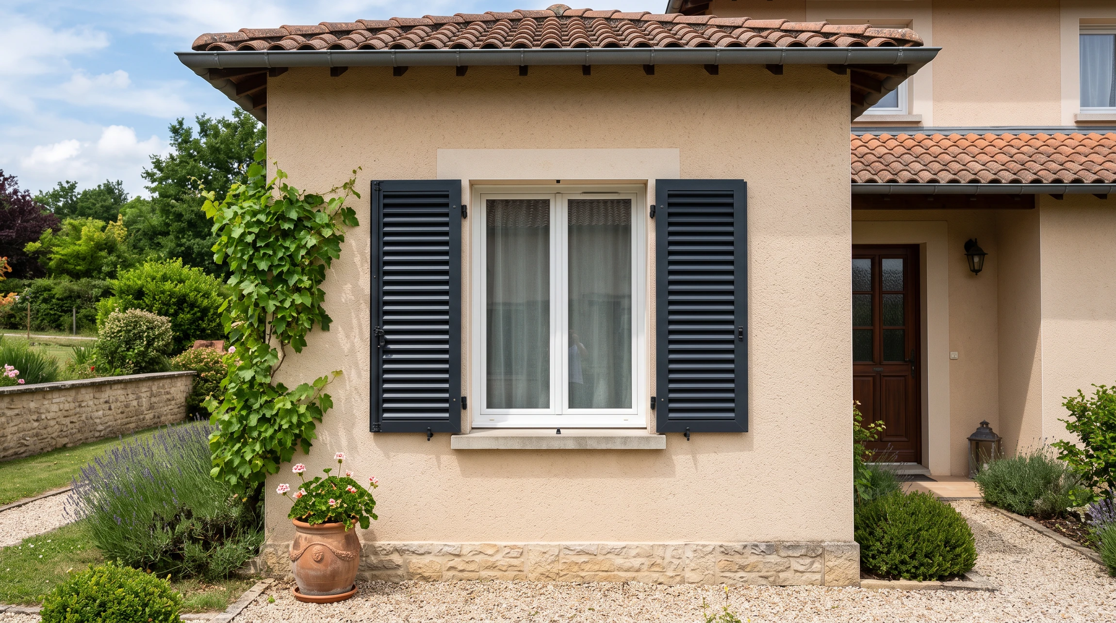 Pergola bioclimatique aluminium anthracite avec parois vitrées coulissantes, installée sur terrasse dallée